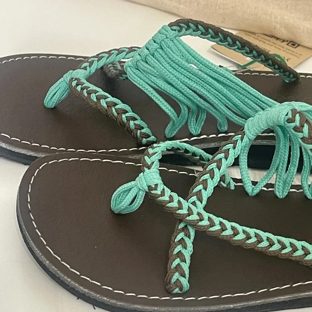 Plaka Flip Flops Thong Sandals Teal Brown size 6 / free toe ring - Picture 8 of 16